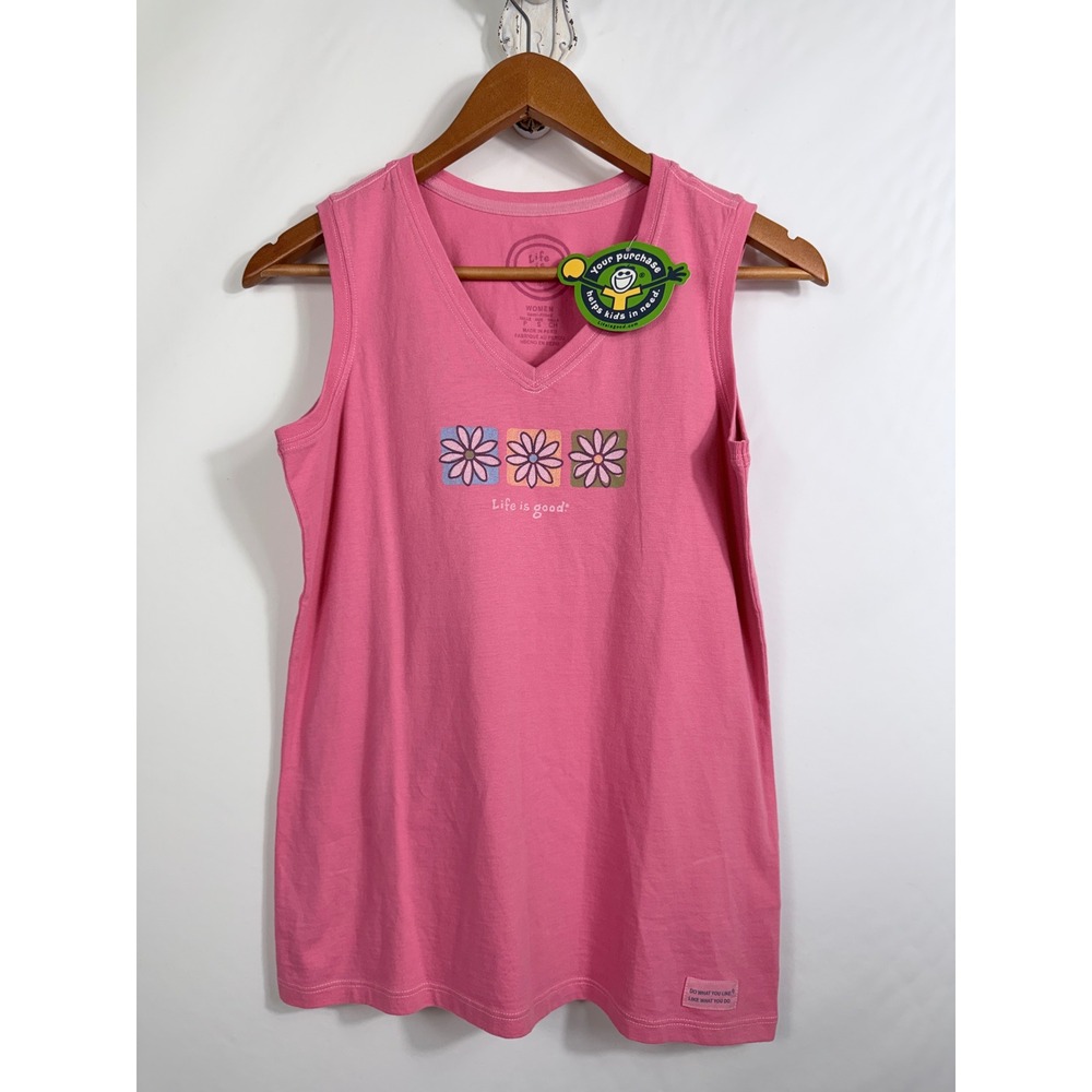 Life is Good Womens Crusher Sleeveless Tank Top Pink Flower Graphic V-Neck S